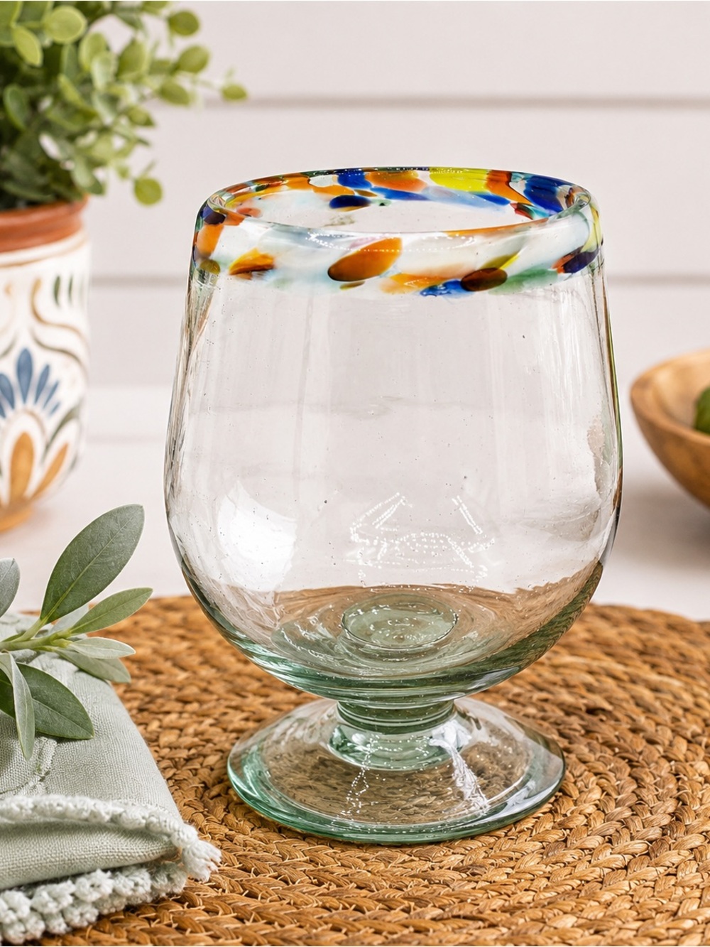 Vintage Hand Blown Mexican Art Glass Goblet Confetti Rim Footed Glass 5"